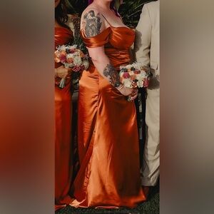 Burnt Orange Off-Shoulder Cowl Neck Satin Corset High Slit Bridesmaid Dress Prom